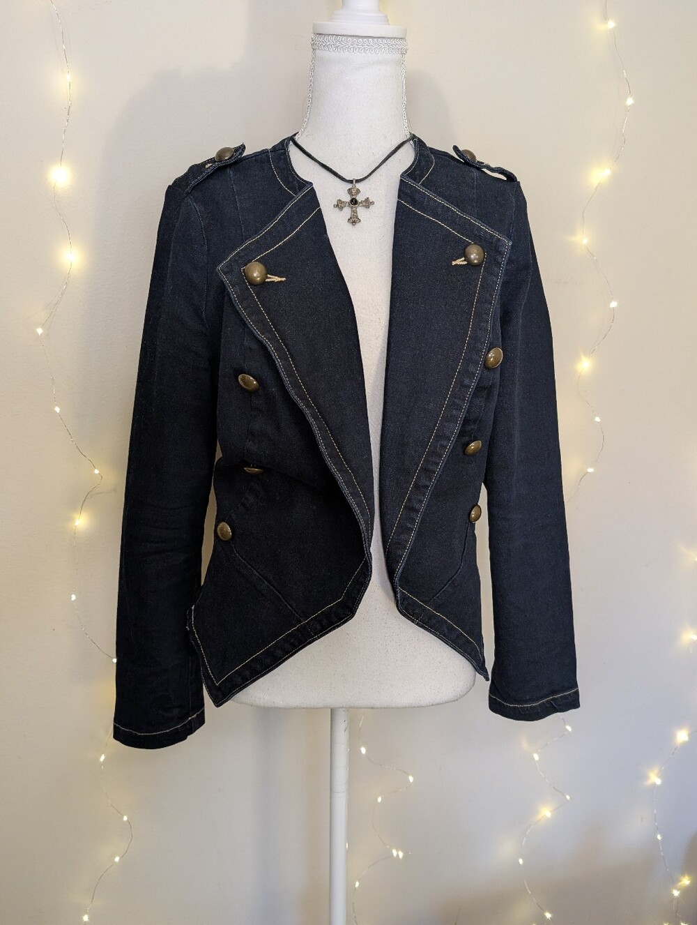 Love & Legend Navy Military-Style Double-Breasted Denim Blazer